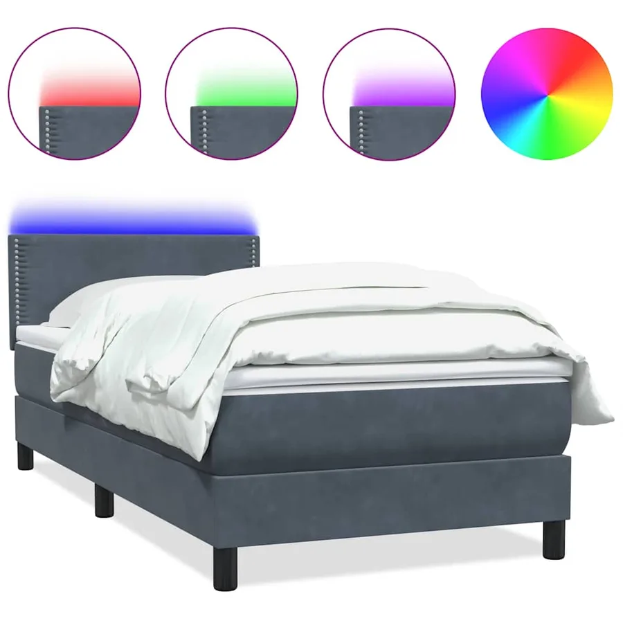 Sommier à lattes de lit et matelas et LED gris foncé 90x220 cm velours - 2