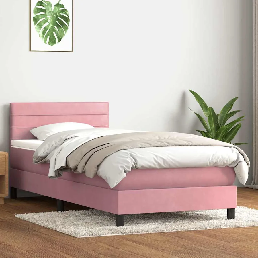 Sommier à lattes de lit avec matelas et LED rose 90x220 cm velours - 4