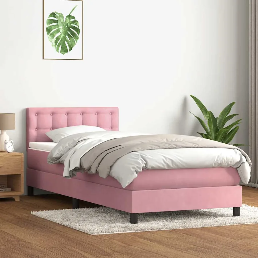 Sommier à lattes de lit avec matelas et LED rose 90x220 cm velours - 4