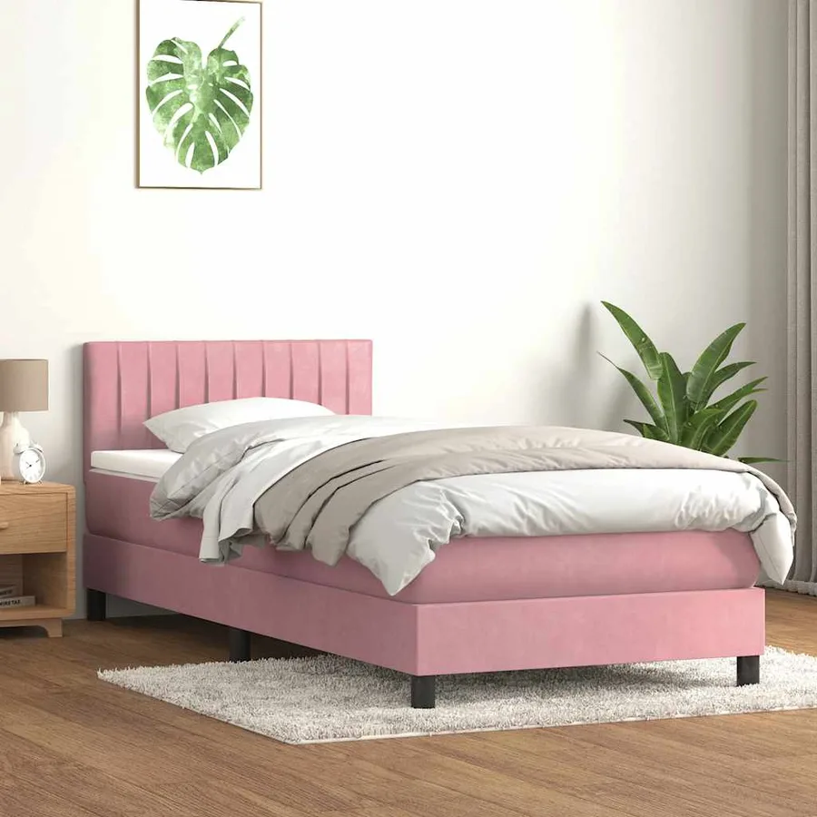 Sommier à lattes de lit avec matelas et LED rose 90x220 cm velours - 4