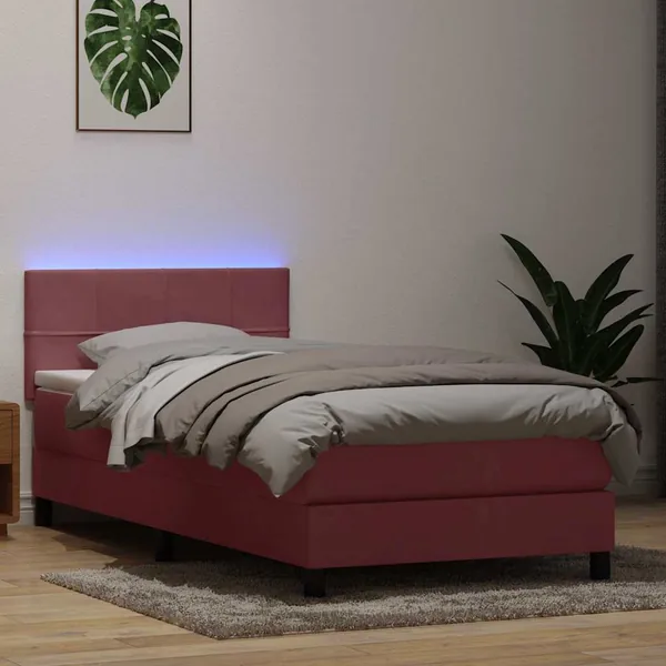 Sommier à lattes de lit avec matelas et LED rose 90x210 cm velours