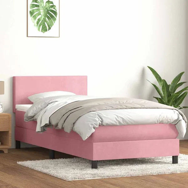 Sommier à lattes de lit avec matelas et LED rose 90x210 cm velours