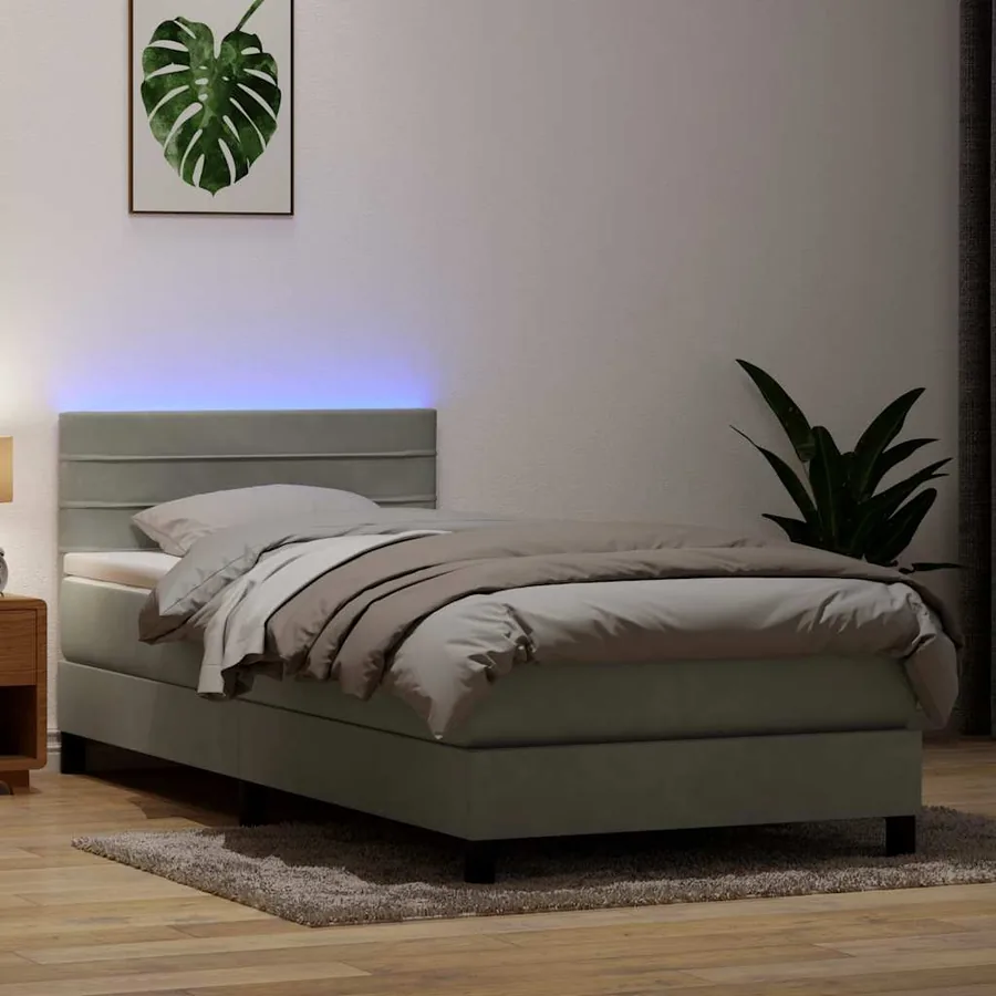 Sommier à lattes de lit et matelas et LED gris clair 80x210 cm velours