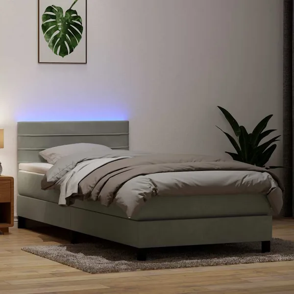 Sommier à lattes de lit et matelas et LED gris clair 80x210 cm velours