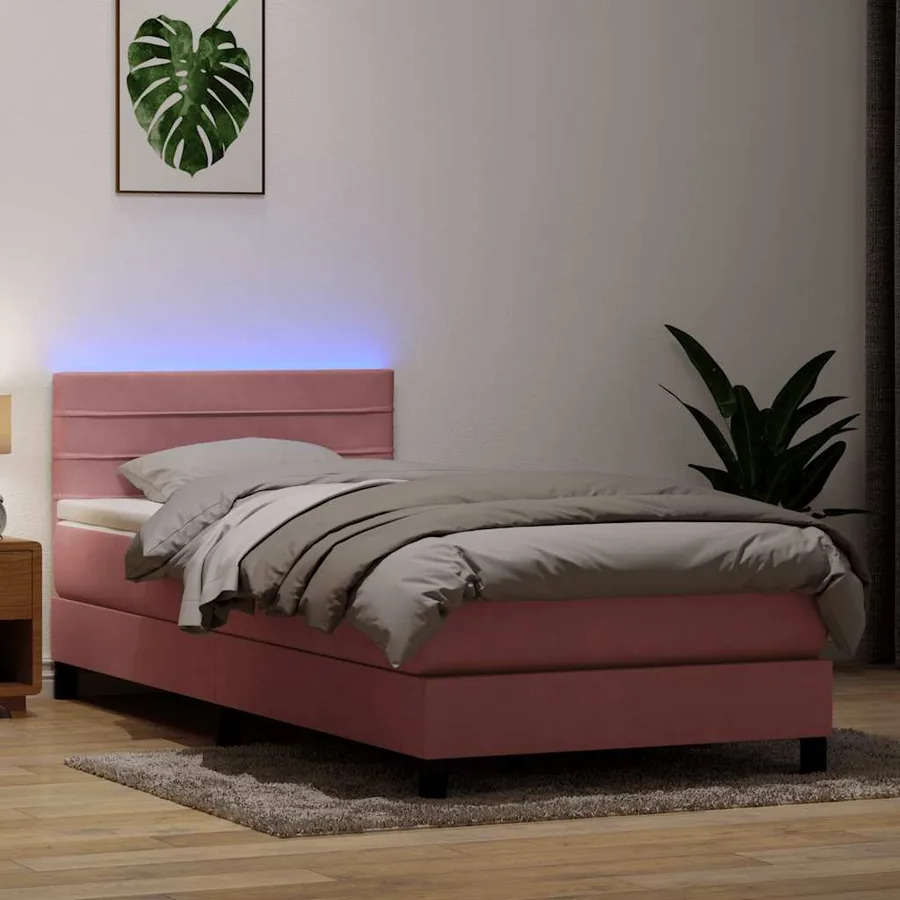 Sommier à lattes de lit avec matelas et LED rose 90x210 cm velours