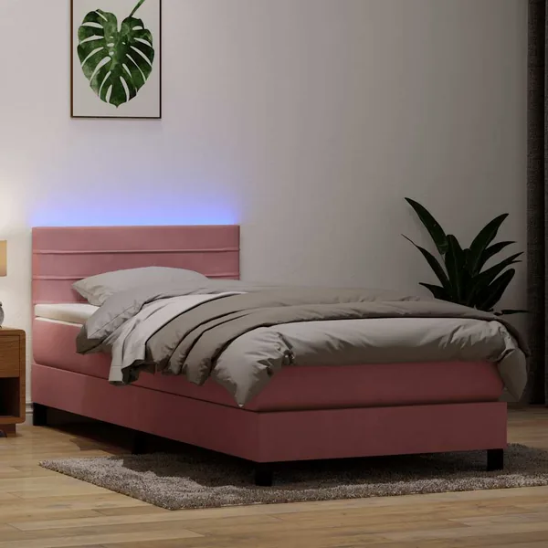 Sommier à lattes de lit avec matelas et LED rose 90x210 cm velours