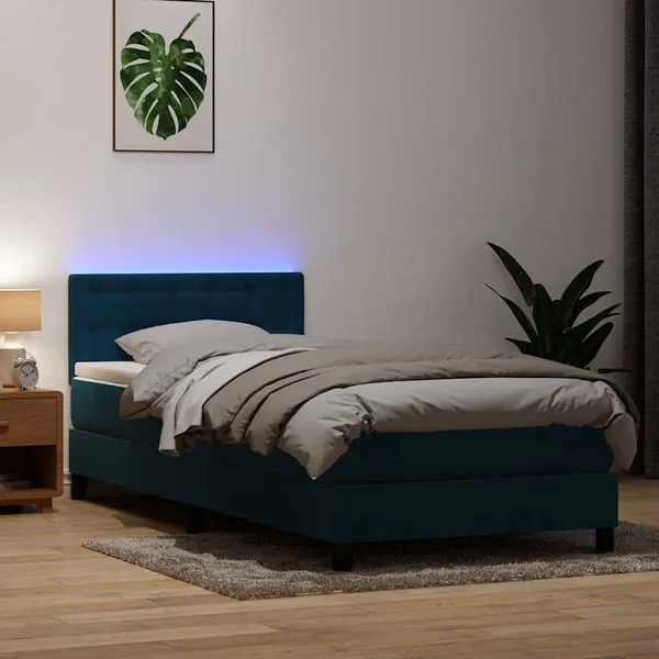 Sommier à lattes de lit et matelas et LED bleu foncé 80x210 cm velours