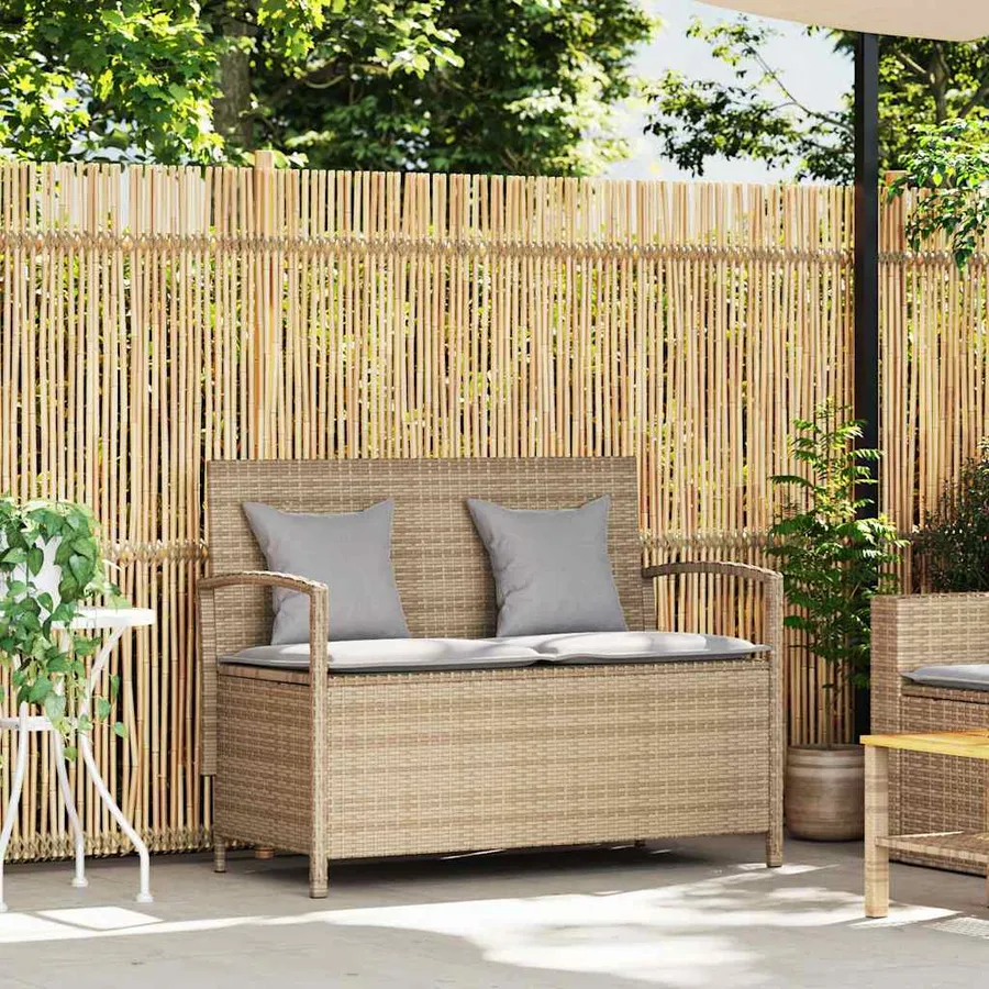 Banc de rangement de jardin avec coussin beige résine tressée - 2