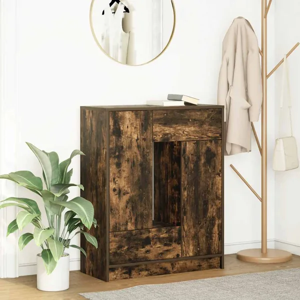 Buffet avec tiroirs et portes chêne fumé 73x31x90 cm