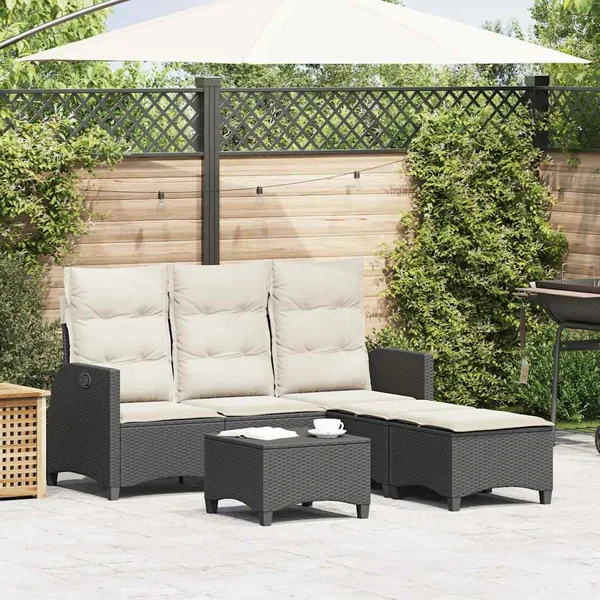 Salon de jardin 3 pcs avec coussins forme L noir résine tressée