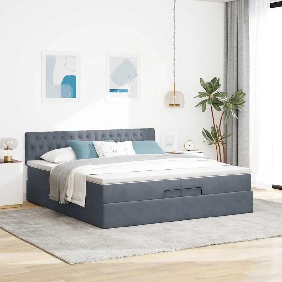 Cadre de lit ottoman avec matelas gris foncé 200x200 cm velours - 4