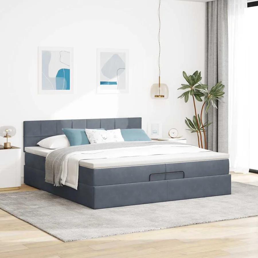 Cadre de lit ottoman avec matelas gris foncé 200x200 cm velours - 3