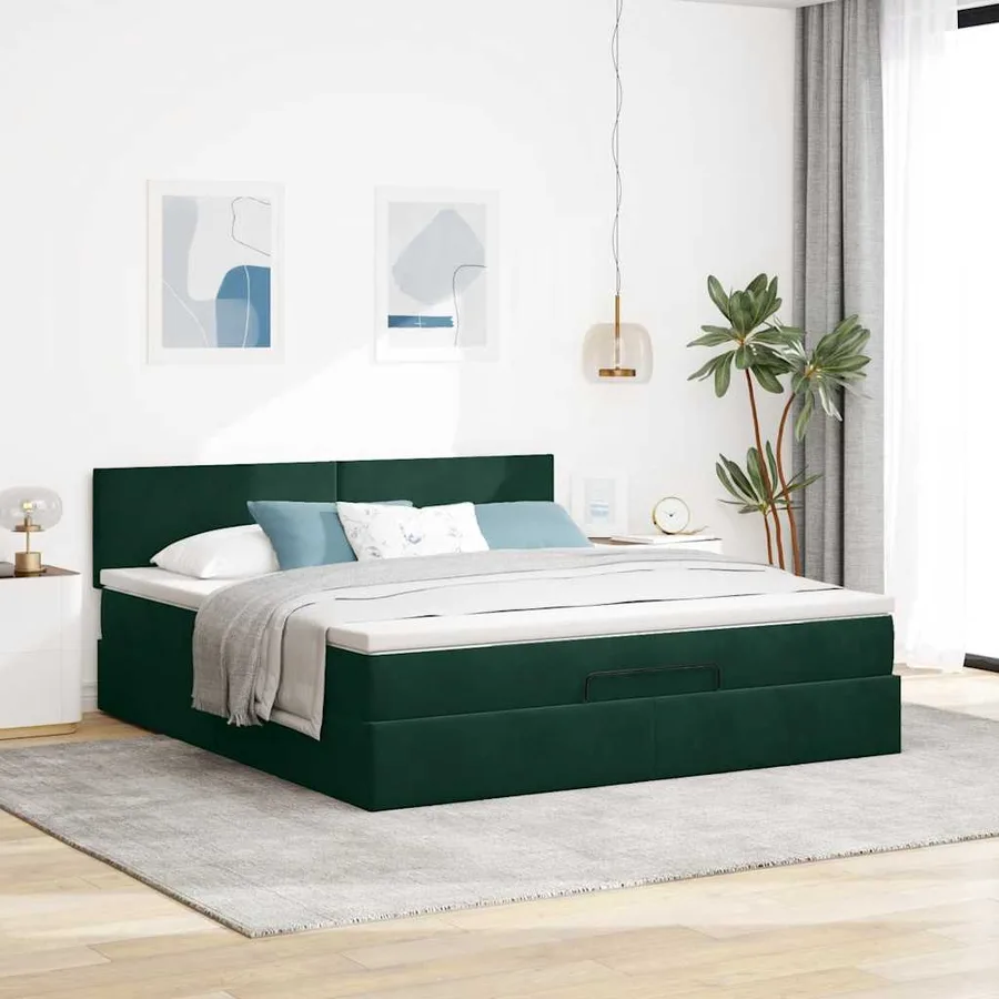 Cadre de lit ottoman avec matelas vert foncé 200x200 cm velours - 4