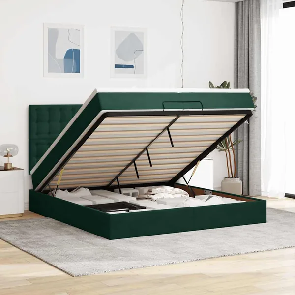Cadre de lit ottoman avec matelas vert foncé 200x200 cm velours