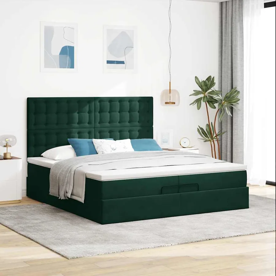 Cadre de lit ottoman avec matelas vert foncé 200x200 cm velours - 3
