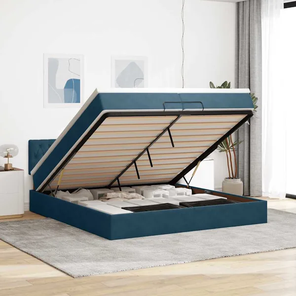 Cadre de lit ottoman avec matelas bleu foncé 200x200 cm velours