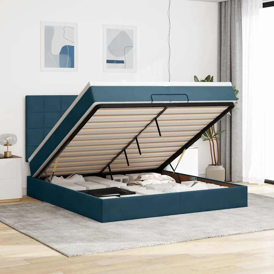 Cadre de lit ottoman avec matelas bleu foncé 200x200 cm velours