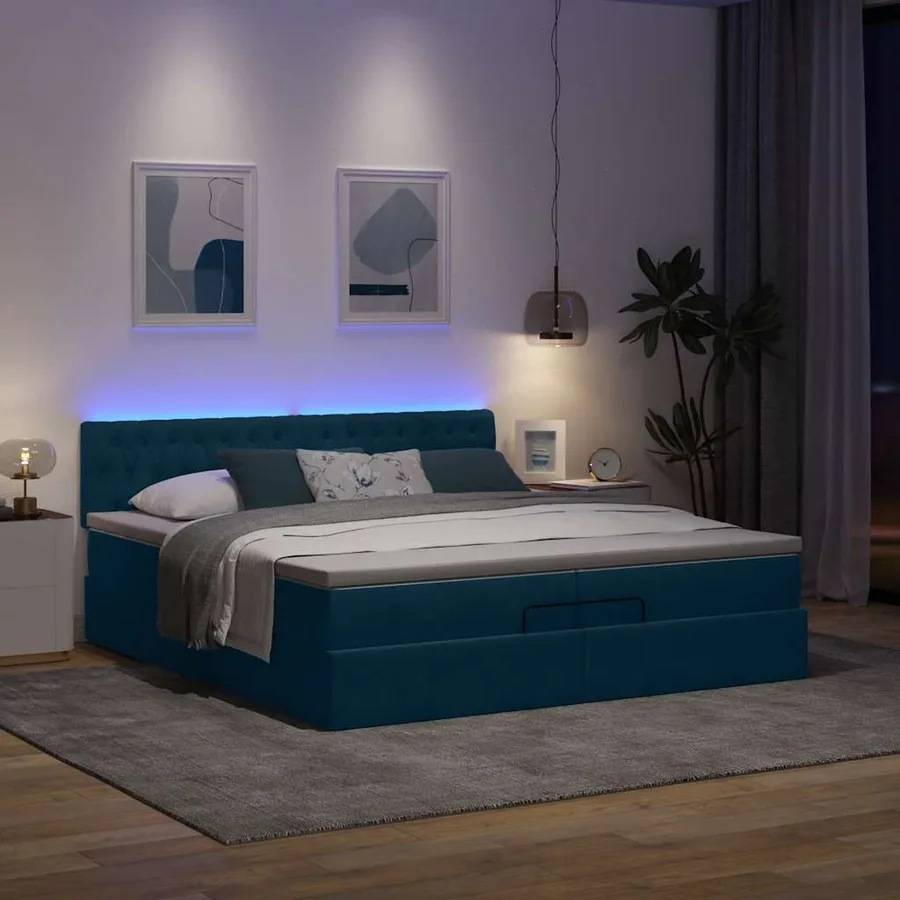 Cadre de lit ottoman avec matelas bleu foncé 200x200 cm velours - 3
