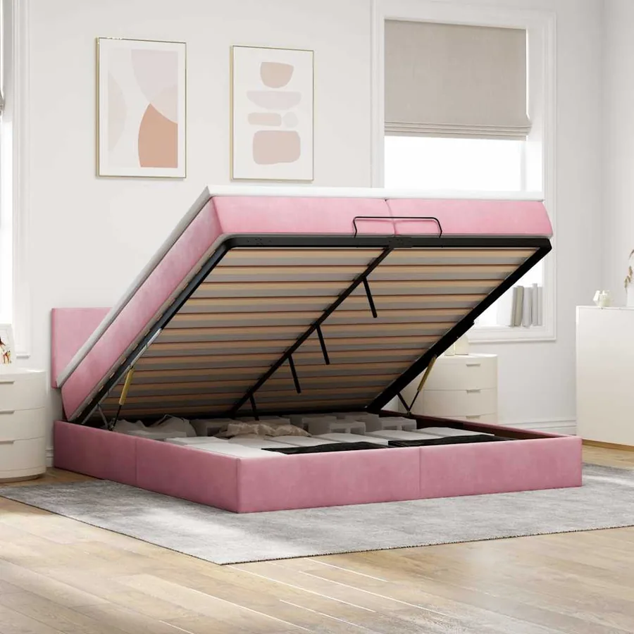 Cadre de lit ottoman avec matelas rose 200x200 cm velours