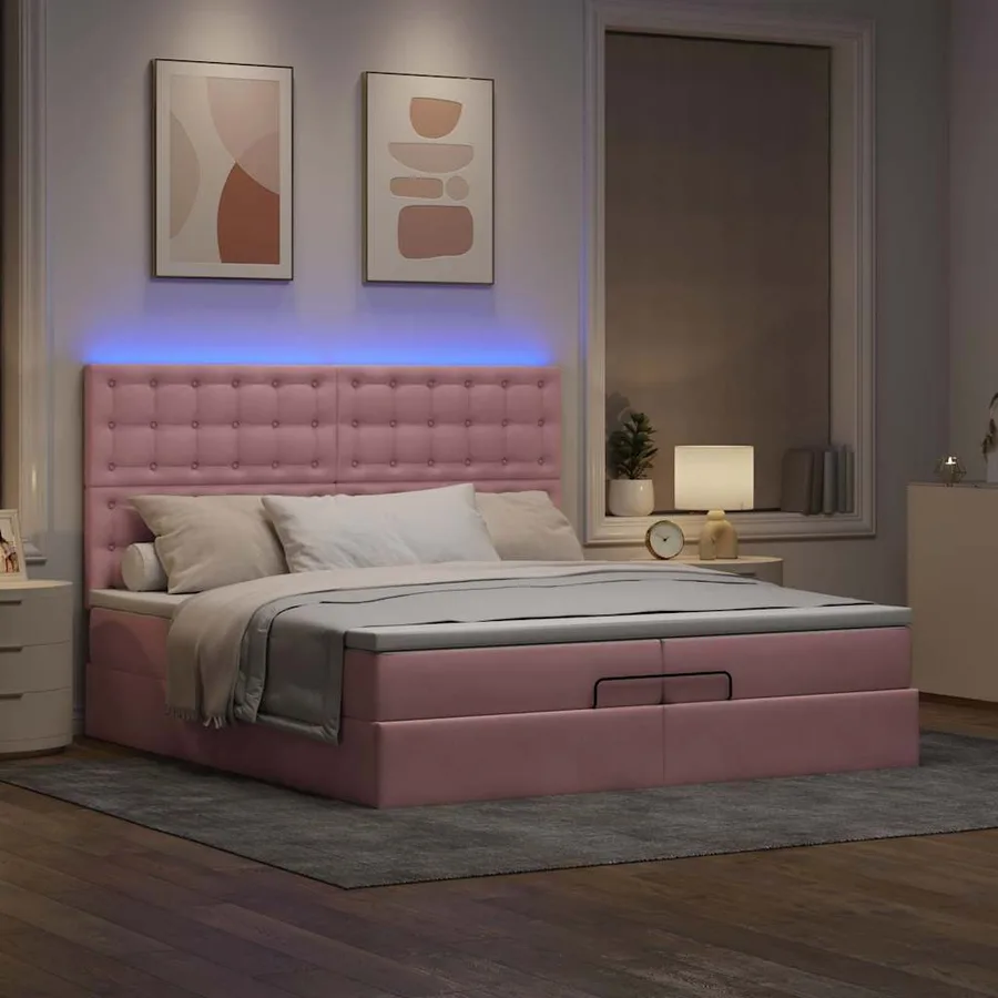 Cadre de lit ottoman avec matelas rose 200x200 cm velours - 3