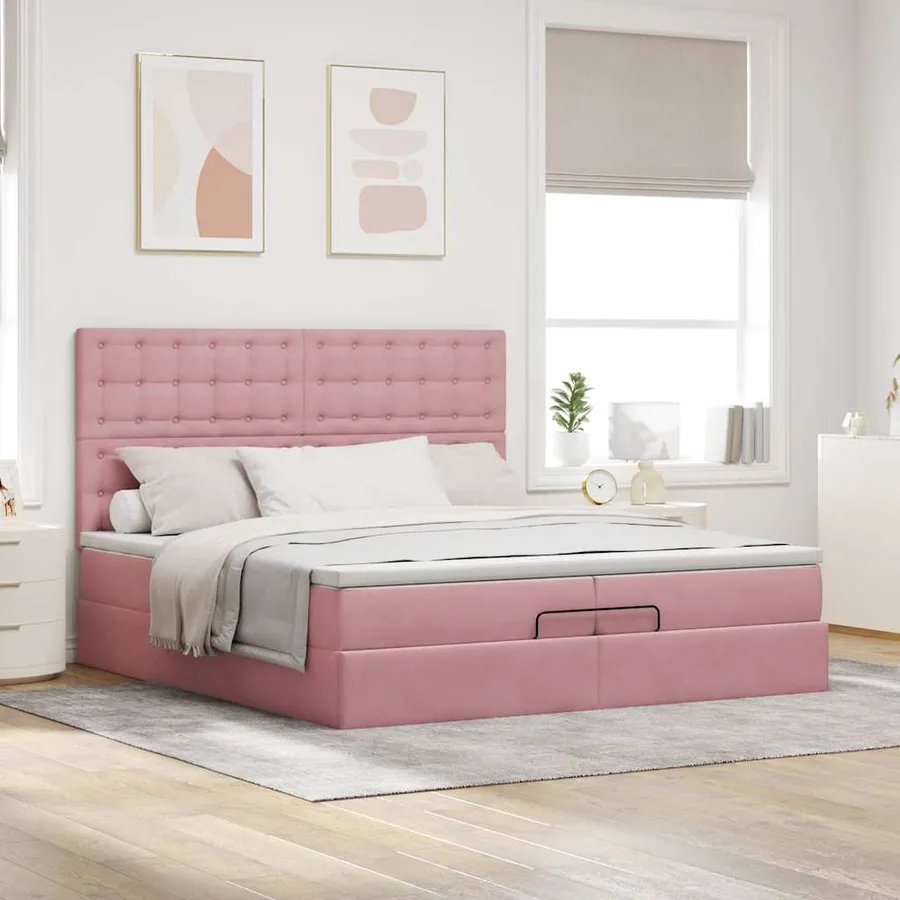 Cadre de lit ottoman avec matelas rose 200x200 cm velours - 4