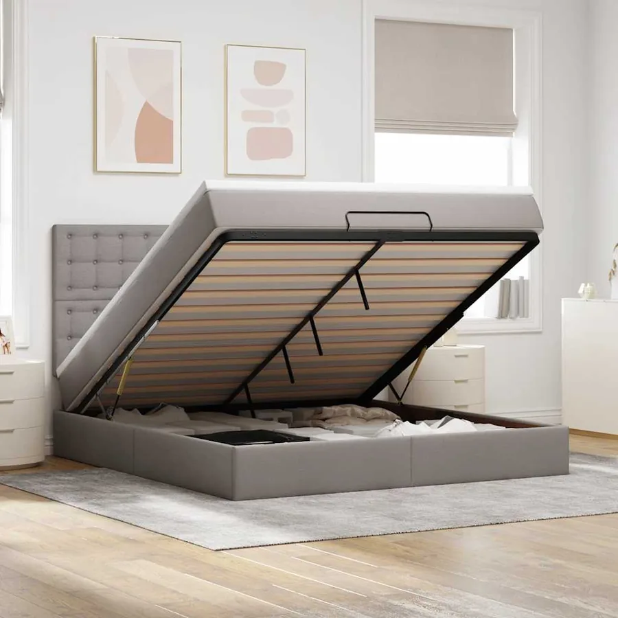 Cadre de lit ottoman avec matelas taupe 180x200 cm tissu