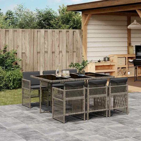Ensemble à manger de jardin et coussins 7 pcs gris rotin