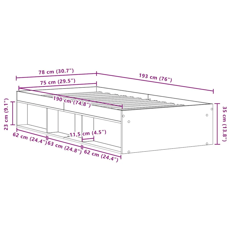 Cadre de lit sans matelas en chêne noir 75x190 cm bois d'ingénierie - 10