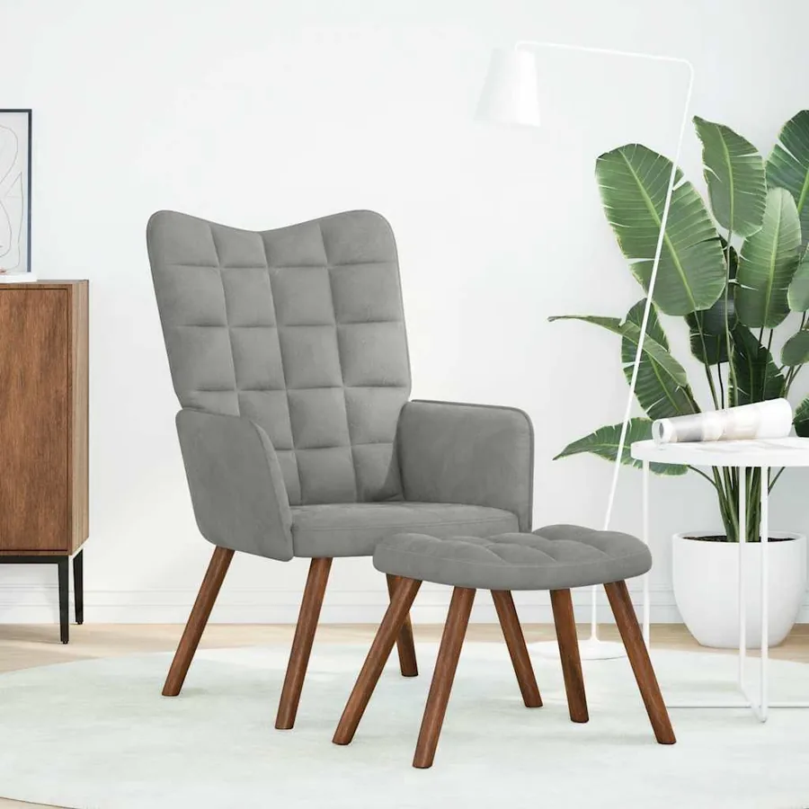 Fauteuil relax avec tabouret en velours gris clair - 2