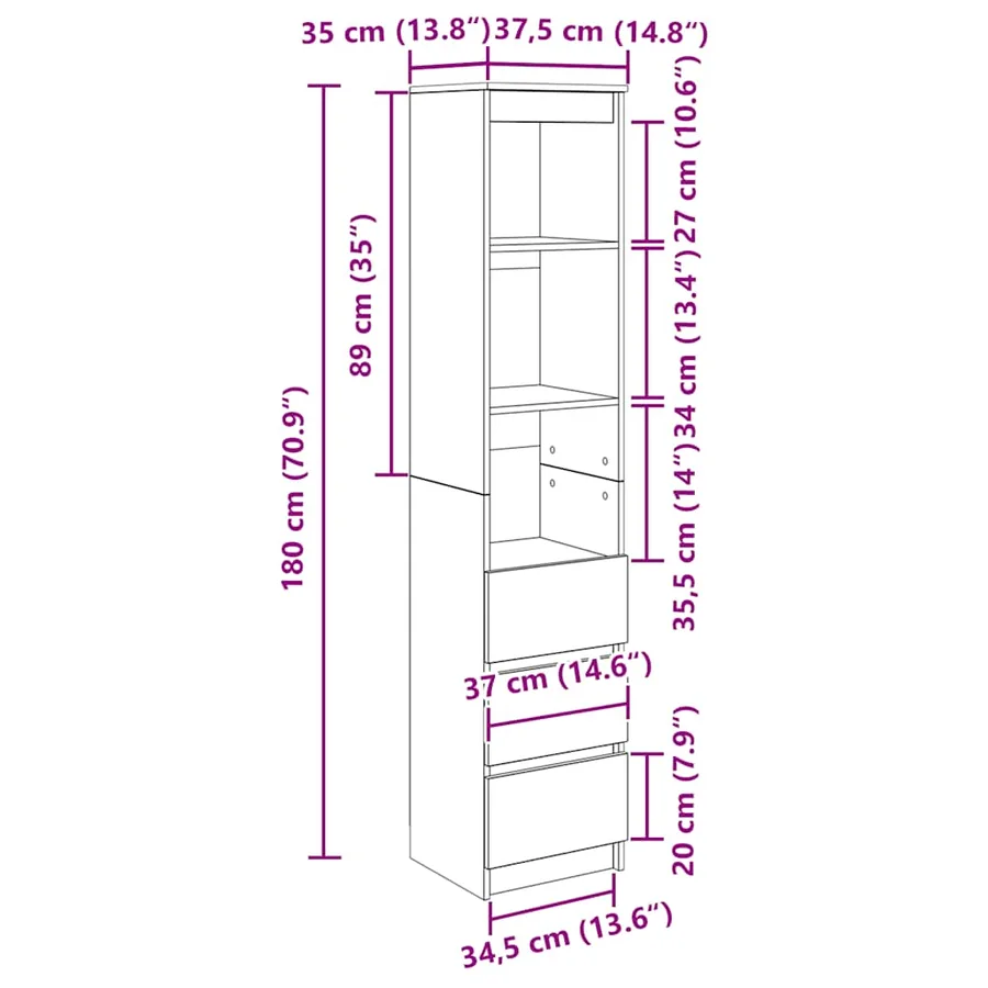 Buffet haut chêne noir 37,5x35x180 cm bois d'ingénierie - 12