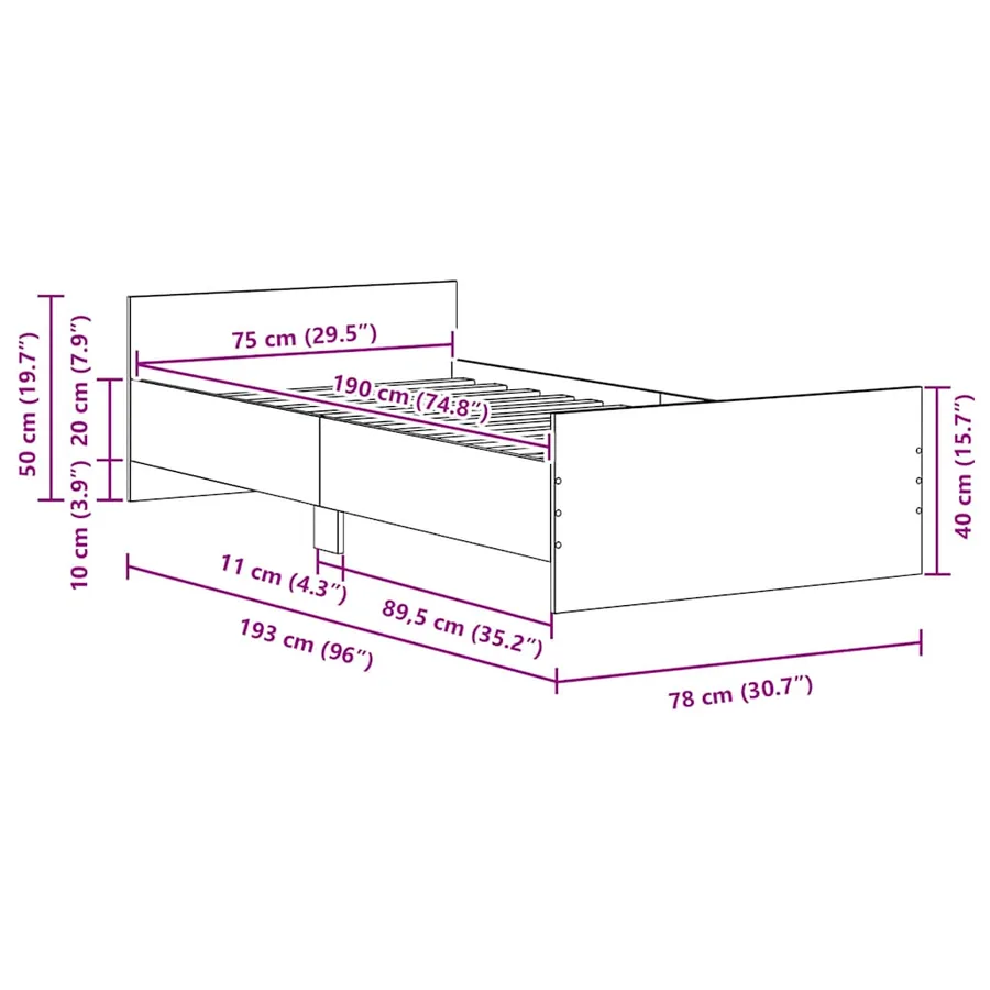 Cadre de lit sans matelas chêne artisanal 75x190 cm - 10
