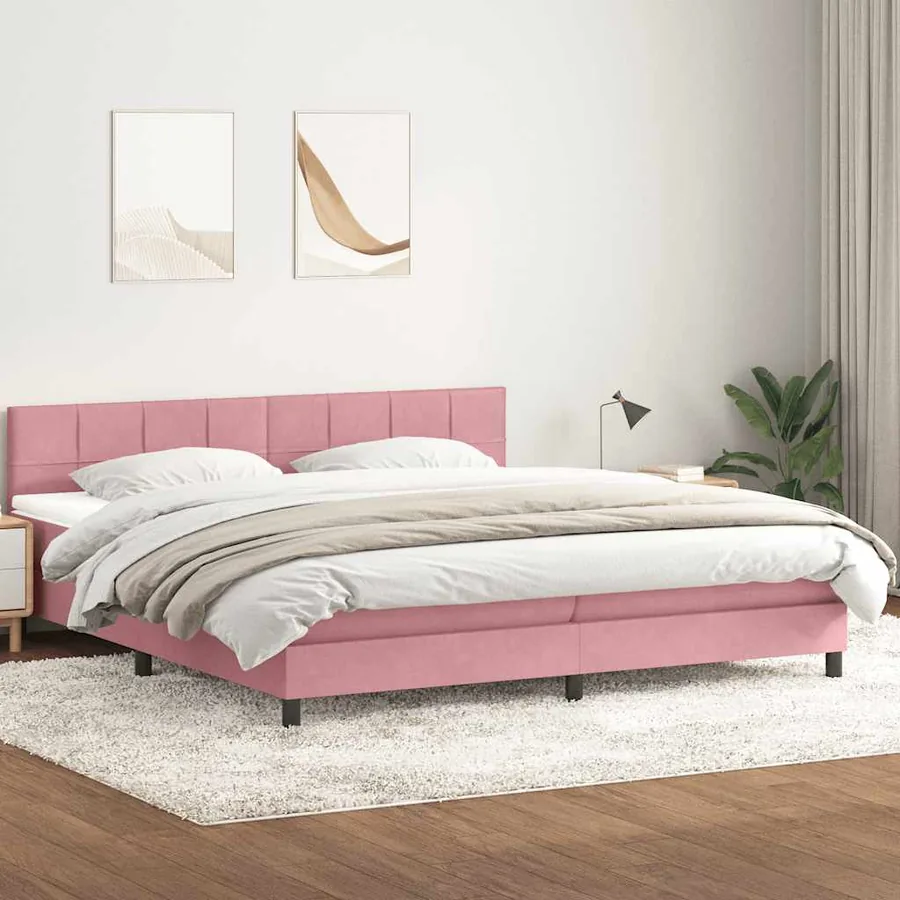 Sommier à lattes de lit avec matelas rose 180x220 cm velours