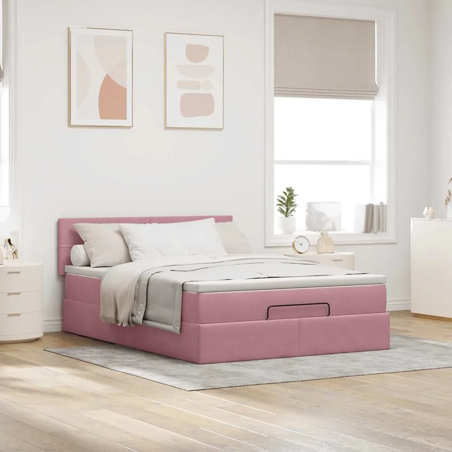 Cadre de lit ottoman avec matelas rose 140x200 cm velours - 4