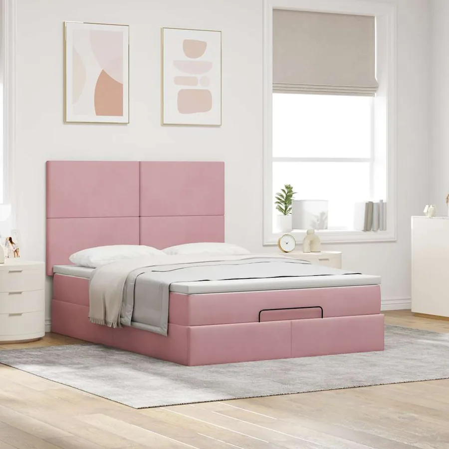 Cadre de lit ottoman avec matelas rose 140x200 cm velours - 3