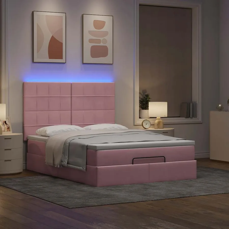 Cadre de lit ottoman avec matelas rose 140x200 cm velours - 3