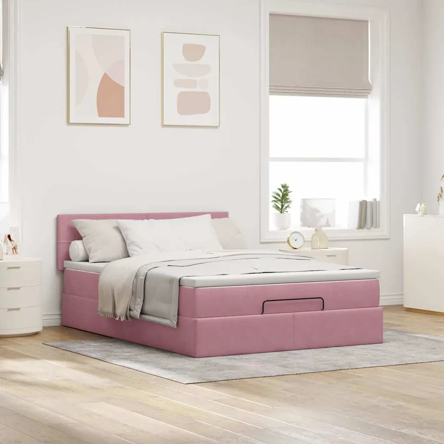 Cadre de lit ottoman avec matelas rose 140x200 cm velours - 3
