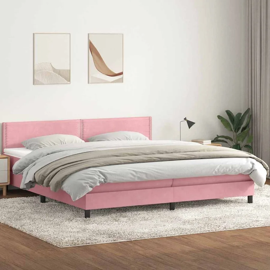 Sommier à lattes de lit avec matelas et LED rose 200x220 cm velours - 4