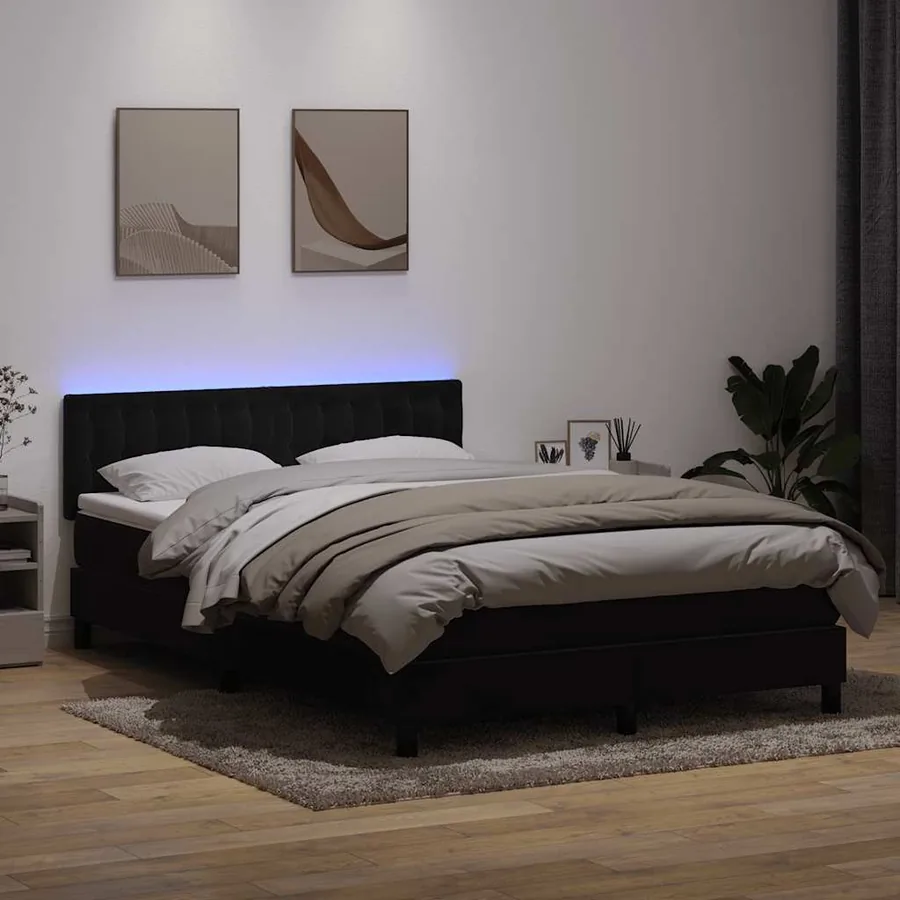 Sommier à lattes de lit avec matelas et LED noir 160x220 cm velours