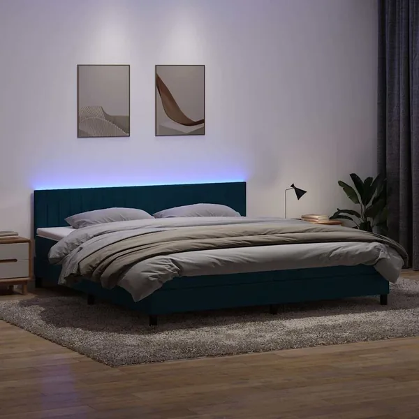 Sommier à lattes de lit et matelas et LED bleu foncé 200x220cm velours