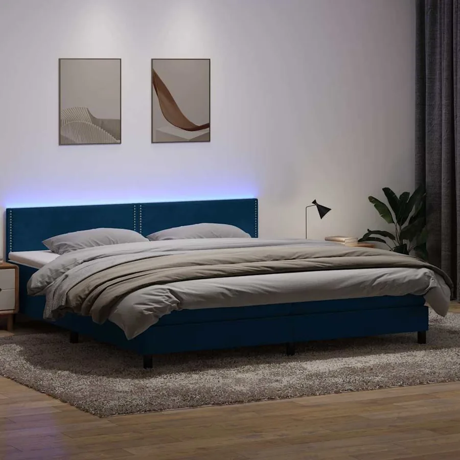 Sommier à lattes de lit et matelas et LED bleu foncé 180x220cm velours