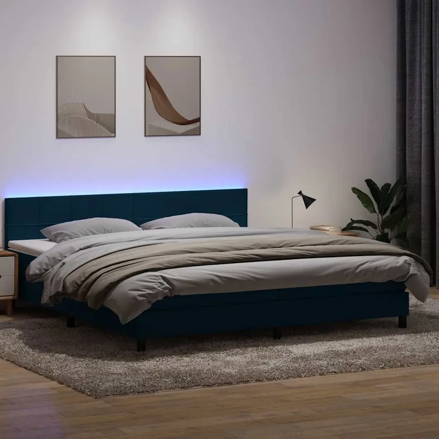 Sommier à lattes de lit et matelas et LED bleu foncé 200x220cm velours