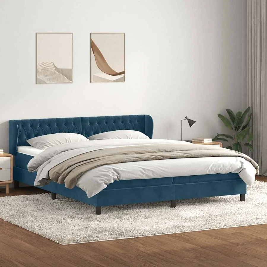 Sommier à lattes de lit et matelas bleu foncé 180x220cm velours