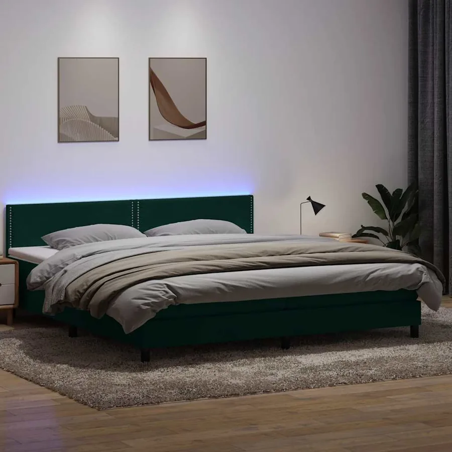 Sommier à lattes de lit et matelas et LED vert foncé 200x220cm velours