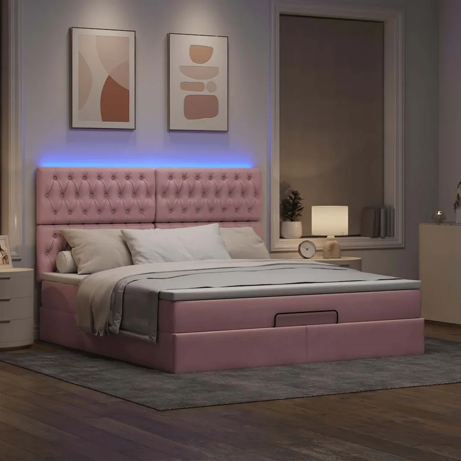 Cadre de lit ottoman avec matelas rose 160x200 cm velours - 3