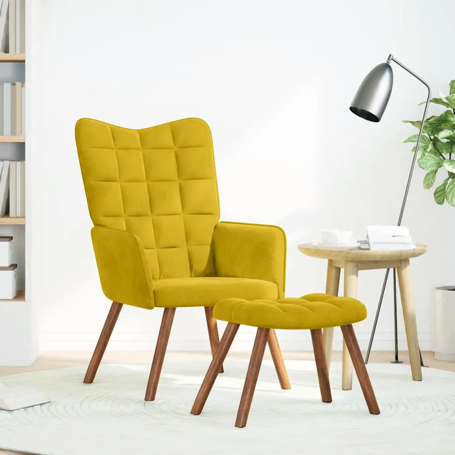 Fauteuil relax avec tabouret en velours jaune - 2