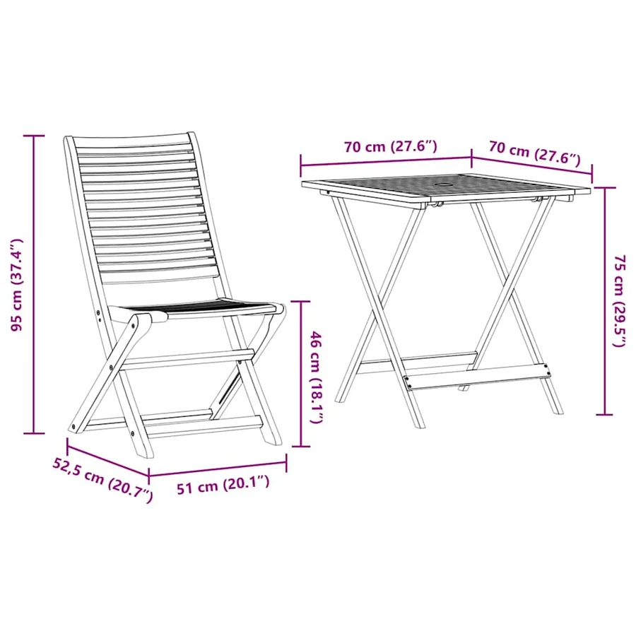 Ensemble bistro pliant 3 pcs Marron Bois d'Acacia Massif - 13