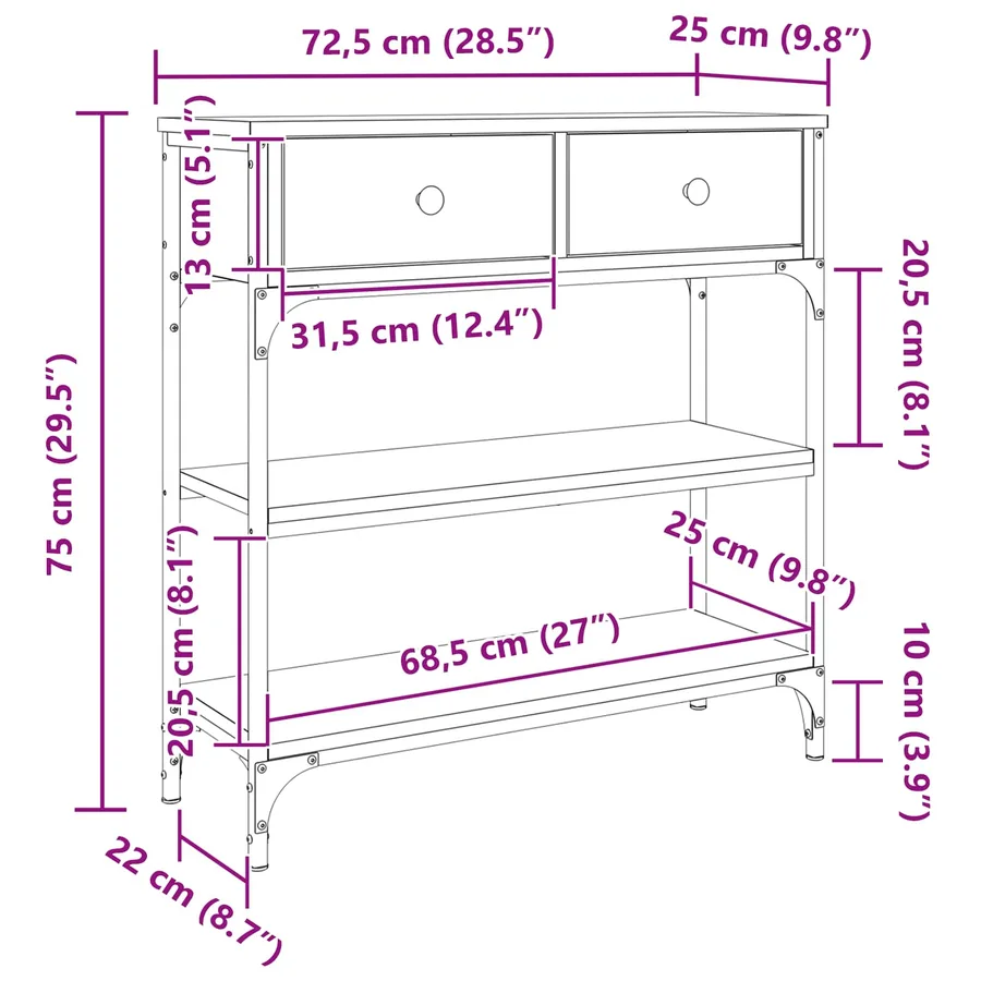 Table console Chêne noir 72,5 x 25 x 75 cm Bois d'ingénierie - 12