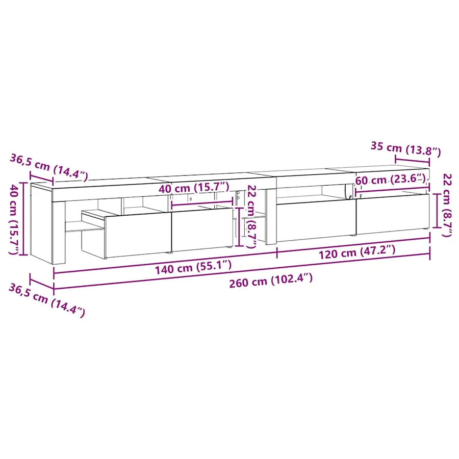Meuble TV 3 pcs Chêne noir 260 x 37 x 40 cm Bois d'ingénierie - 16