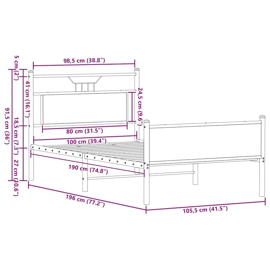 Cadre de lit sans matelas chêne sonoma 100x190 cm - 11