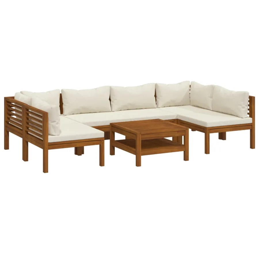 Salon de jardin 7 pcs avec coussin crème Bois d'acacia solide - 2